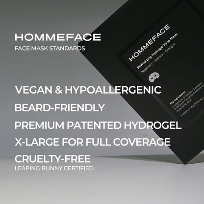 HommeFace men's 5ct hydrogel facial mask set with hyaluronic acid and peptides for hydrating and anti-aging skincare