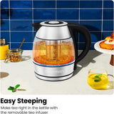 CHEFMAN Electric Kettle - 1.2L 1500W Hot Water Tea Pot with Infuser, BPA Free, Auto Shut Off, Boil-Dry Protection, Removable Lid, LED Light, Cordless Glass Electric Tea Kettle – Stainless Steel