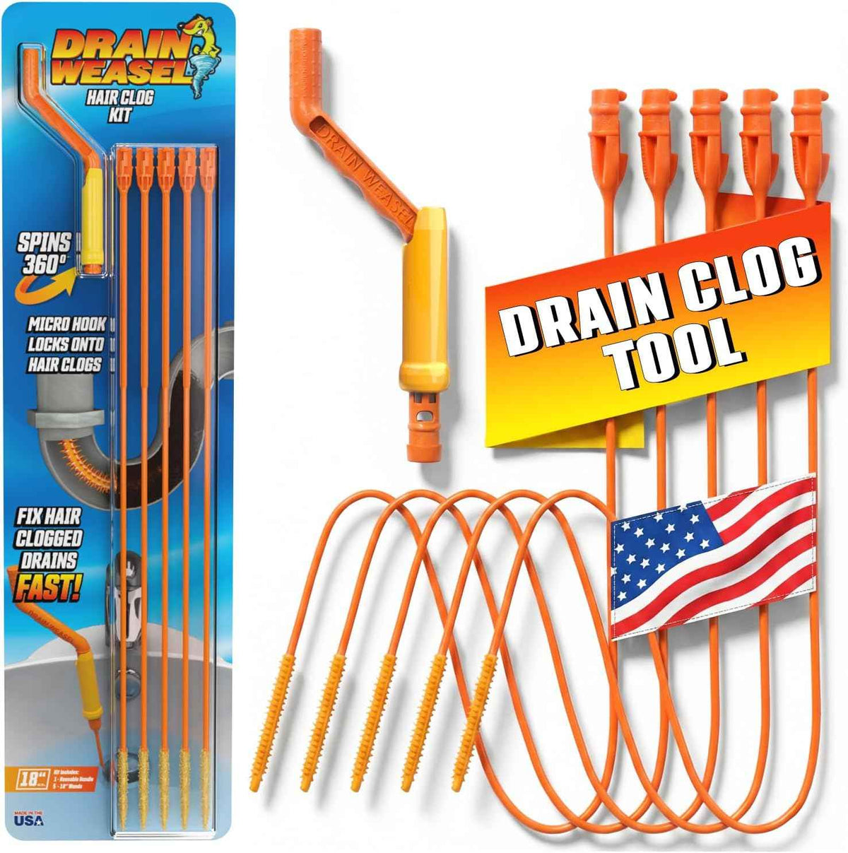 FlexiSnake Drain Weasel Sink Snake Hair Clog Remover Tool, Pipe, Bathroom, Bathtub Cleaner, 18-inch, Made in the USA, 5 Wands and Removable Handle