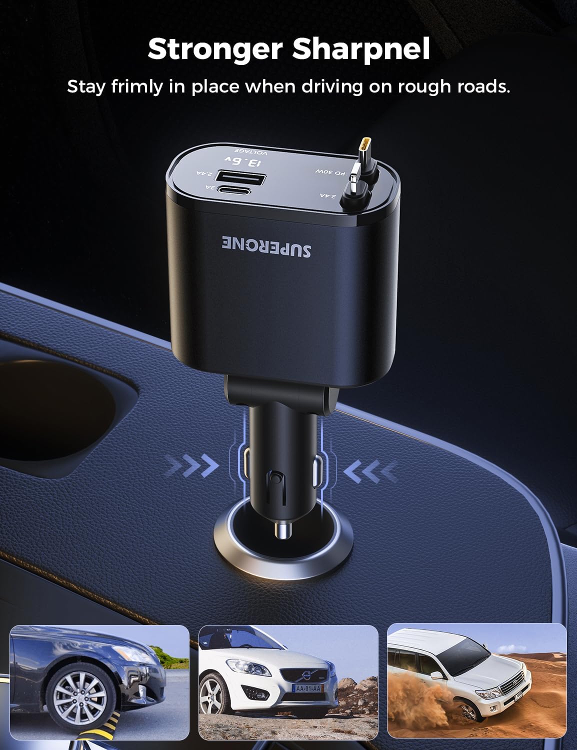 ‹ېUpgraded‹ÛÔ SUPERONE Retractable Car Charger 4 in 1, Fast Car Phone Charger with Cord 2.6ft, USB C and Apple Car Adapter, Compatible with iPhone 17 16 15/15 Pro Max/14/13/12/11, Galaxy, Pixel - Zynora