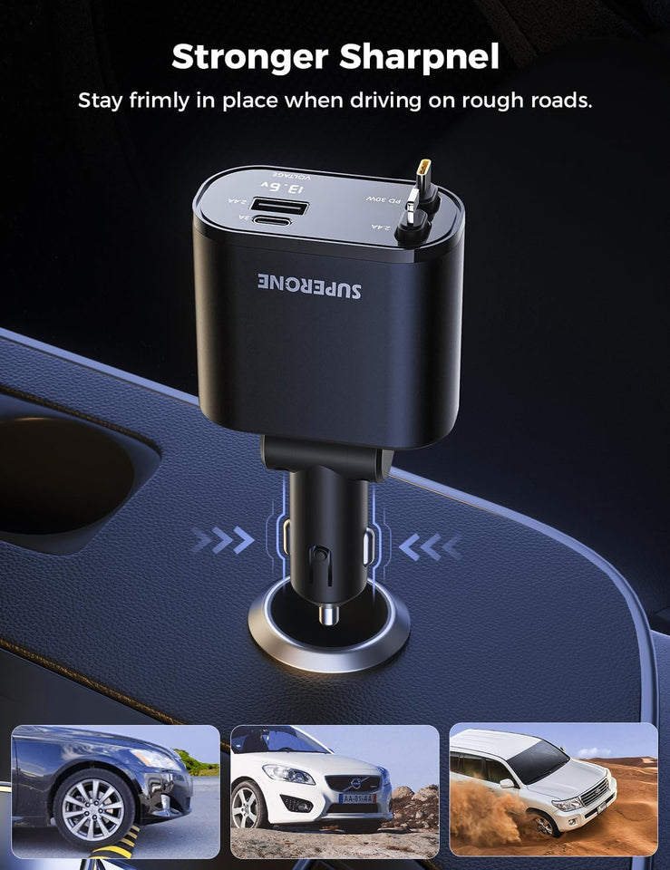 ‹ېUpgraded‹ÛÔ SUPERONE Retractable Car Charger 4 in 1, Fast Car Phone Charger with Cord 2.6ft, USB C and Apple Car Adapter, Compatible with iPhone 17 16 15/15 Pro Max/14/13/12/11, Galaxy, Pixel - Zynora