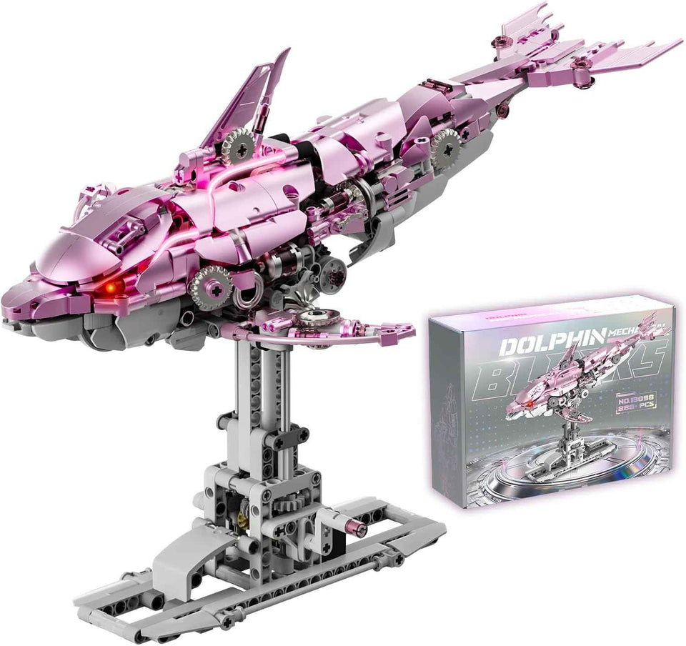 Myth Qholve Mechanical Blue Dolphin Building Blocks Set Hand-Operated Motion, Detailed Gear Design, Display & Play Model Futuristic Ocean Animal Model