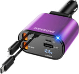 ‹ېUpgraded‹ÛÔ SUPERONE Retractable Car Charger 4 in 1, Fast Car Phone Charger with Cord 2.6ft, USB C and Apple Car Adapter, Compatible with iPhone 17 16 15/15 Pro Max/14/13/12/11, Galaxy, Pixel - Zynora