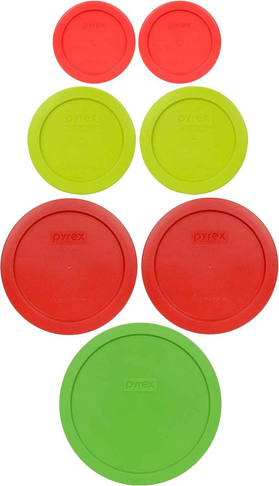Pyrex (2) 7202-PC Green, (2) 7200-PC Orange, (2) 7201-PC Cobalt Blue, (1) 7402-PC Red Food Storage Lids - Made in USA