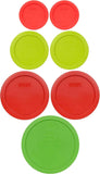 Pyrex (2) 7202-PC Green, (2) 7200-PC Orange, (2) 7201-PC Cobalt Blue, (1) 7402-PC Red Food Storage Lids - Made in USA