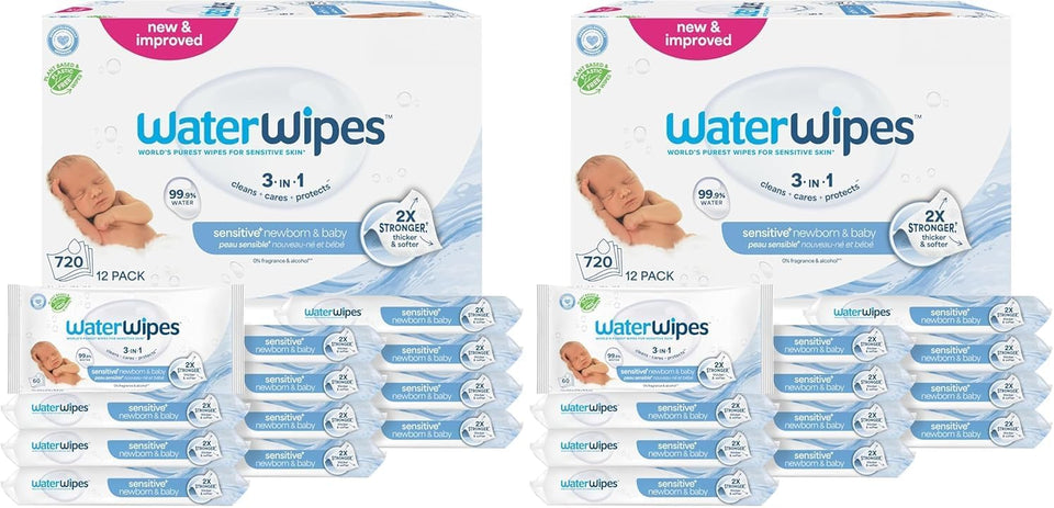 WaterWipes Sensitive+ Newborn & Baby Wipes, 3-in-1 cleans, cares, protects, 99.9% water, unscented & hypoallergenic, 60 count, 2x stronger, thicker & softer