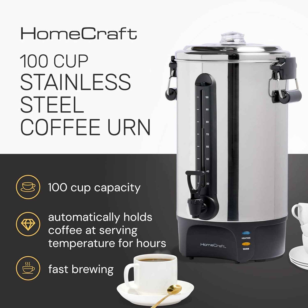 Homecraft 100-Cup Coffee Urn and Hot Beverage Dispenser with Dripless Faucet, Quick-Brewing, Stainless Steel