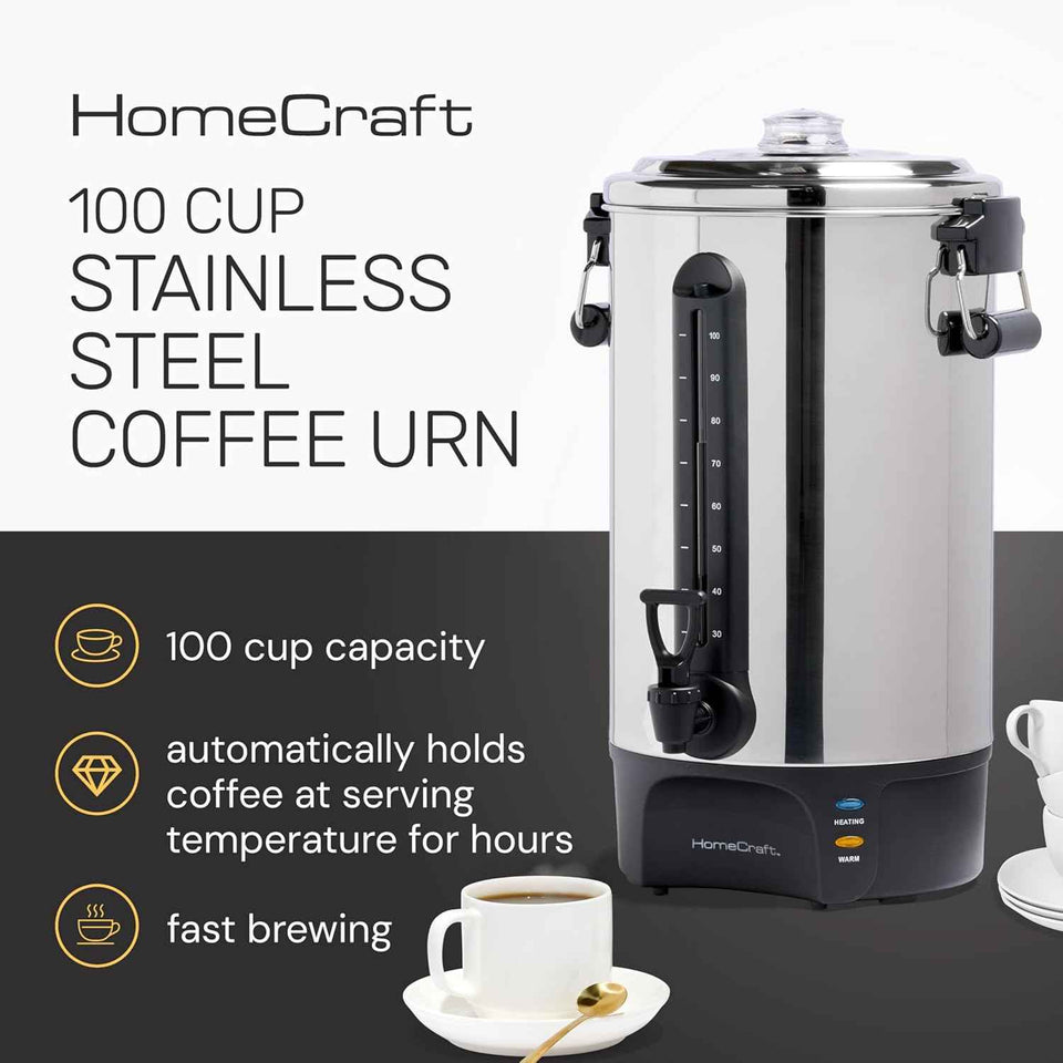 homecraft stainless steel 100-cup coffee urn with dripless faucet and quick-brewing