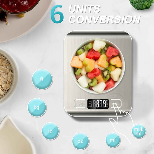 Food Scale, 11lb Kitchen Scale with 6 Units Tare Function & LCD Display, 0.05oz/1g Stainless Steel Digital Food Scale Grams and Ounces for Baking, Cooking, Dieting and Meal Prep (Batteries Included)