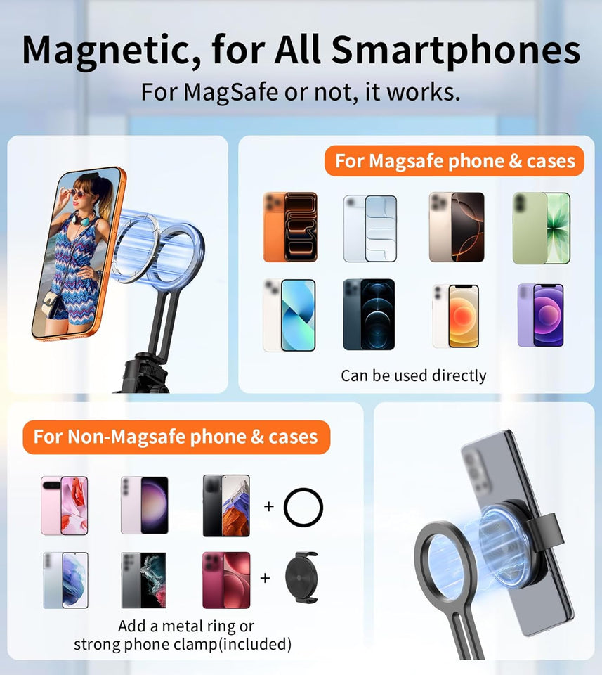 69" Magnetic Phone Tripod Head for All Phones,Selfie Stick Monopod for Magsafe with Remote & Phone Mount Adapter,Portable Tripod for iPhone/Android,Camera Accessory Kits,Photo,Vlogging,Travel