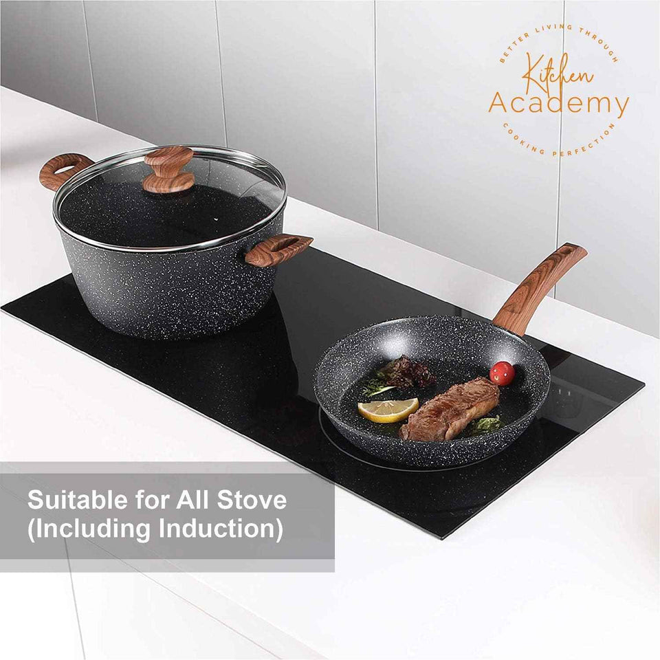 Kitchen Academy Induction Pots and Pans Set Non Stick - 12 Piece Granite Cookware Set, Black Kitchen Nonstick Cooking Pans Set