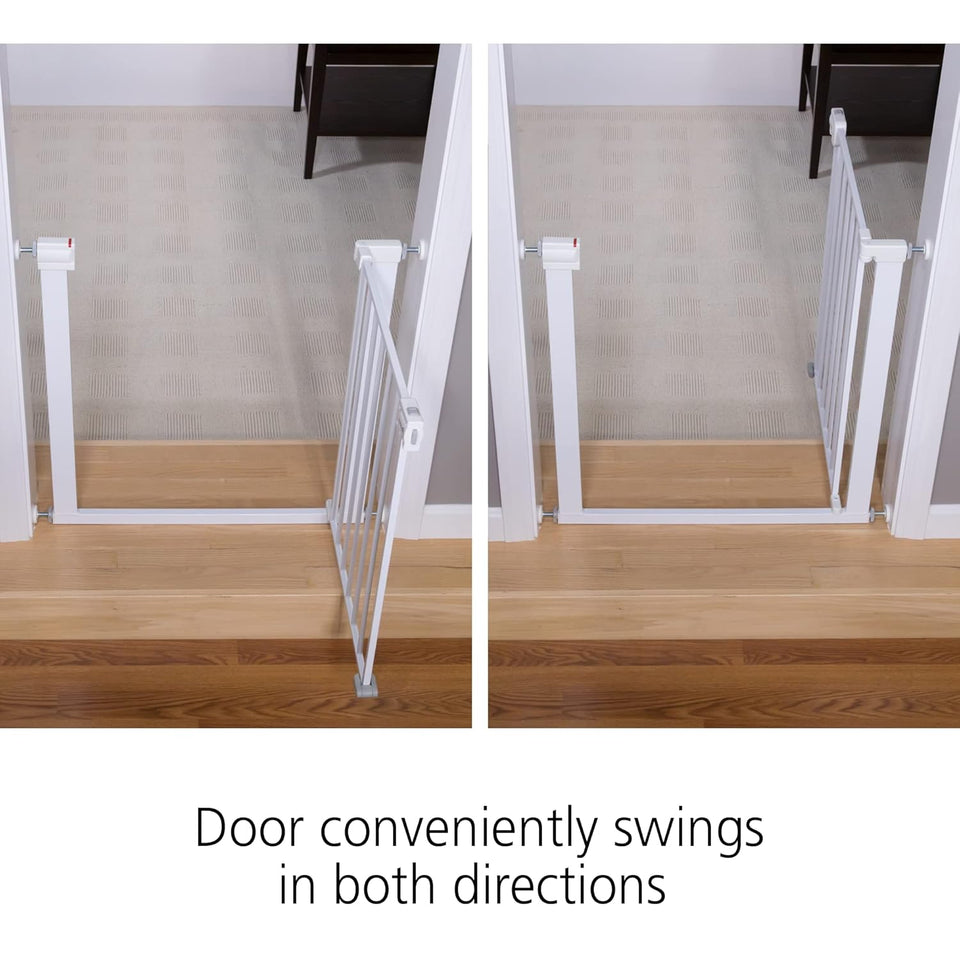 Two views of a door swing gate on a wooden floor with text indicating it swings in both directions.