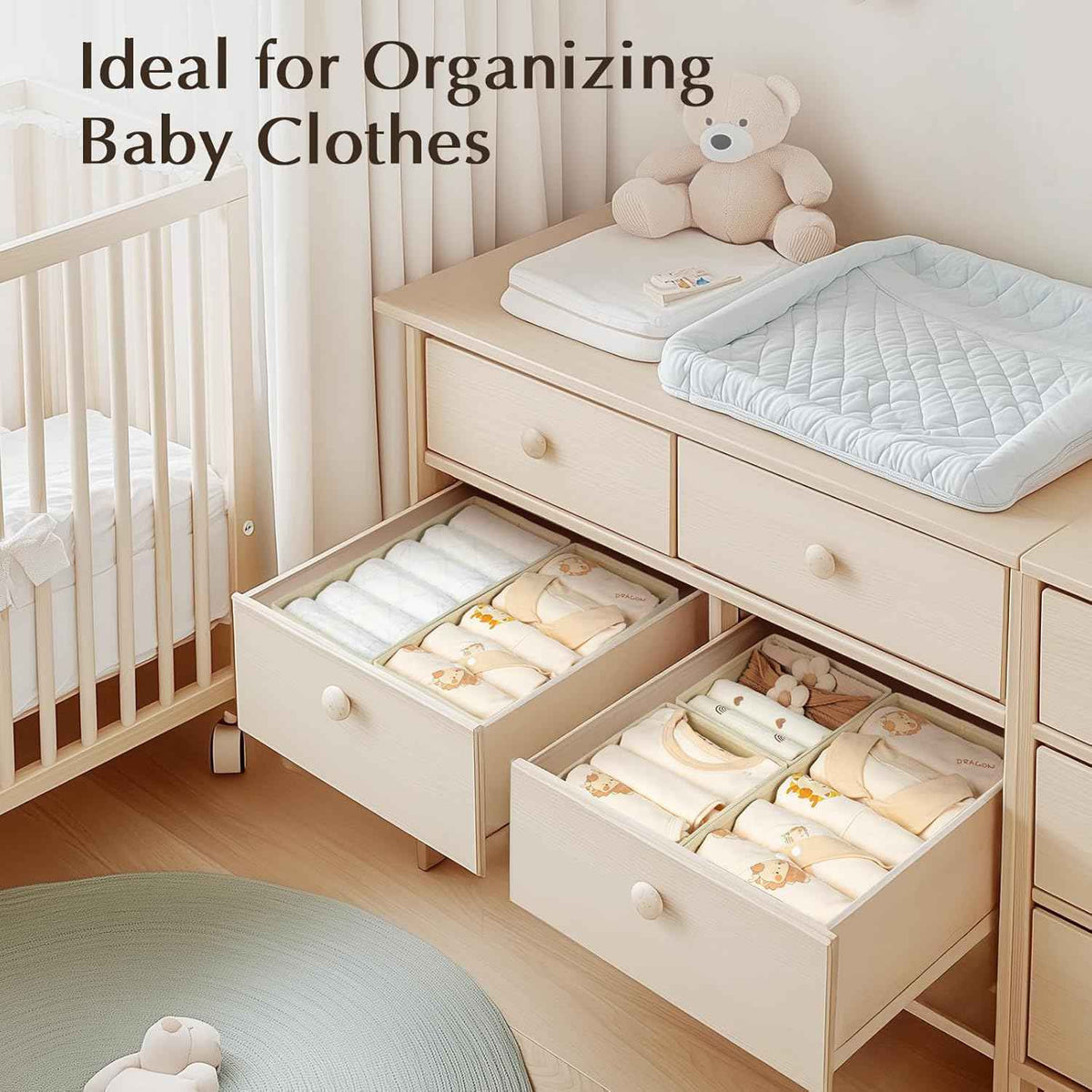 DIMJ Drawer Organizers Clothes, Set of 4 Dresser Organizer Bins, Fabric Closet Organizers and Storage, Shallow Drawer Dividers for Nursery, Clothing, Baby Clothes, Socks, Underwears, Tie (Beige)