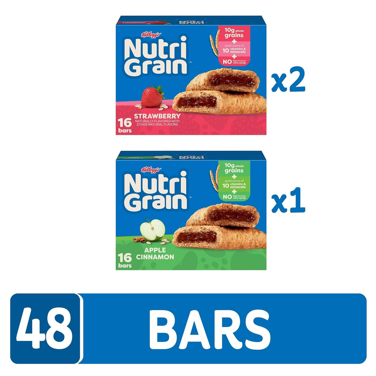 Nutri-Grain Breakfast Bars, Made with 10g Whole Grains, Snack Bars, Variety Pack (3 Boxes, 48 Count)