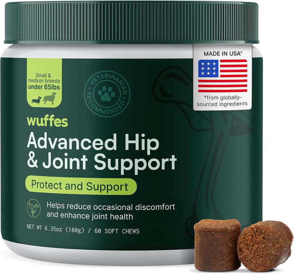 Wuffes Advanced Dog Hip and Joint Supplement with Glucosamine, Chondroitin, Omega 3, MSM, and Green Lipped Mussel, 60 Pork Flavored Chews for Small and Medium Dog Breeds