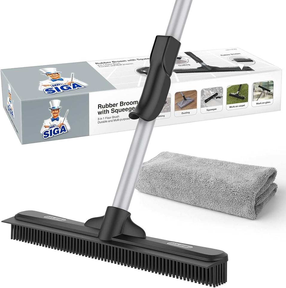 MR.SIGA Pet Hair Removal Rubber Broom with Built in Squeegee, 3 in 1 Floor Brush for Carpet, 61 inch Adjustable Handle, Includes 1 Microfiber Cloth for Floor Dusting