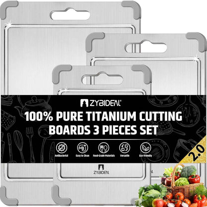 3Pcs 100% Pure Titanium Cutting Board with Grooves, Update Double Side Titanium Chopping Board, Silicone Anti-slip Stainless Cutting Boards Set for Kitchen
