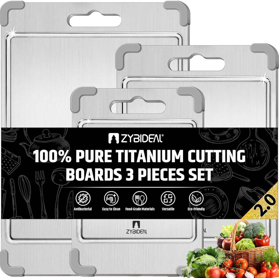 100% Pure Titanium Cutting Board Set with Grooves, Double Sided, Anti-Slip, Kitchen Stainless