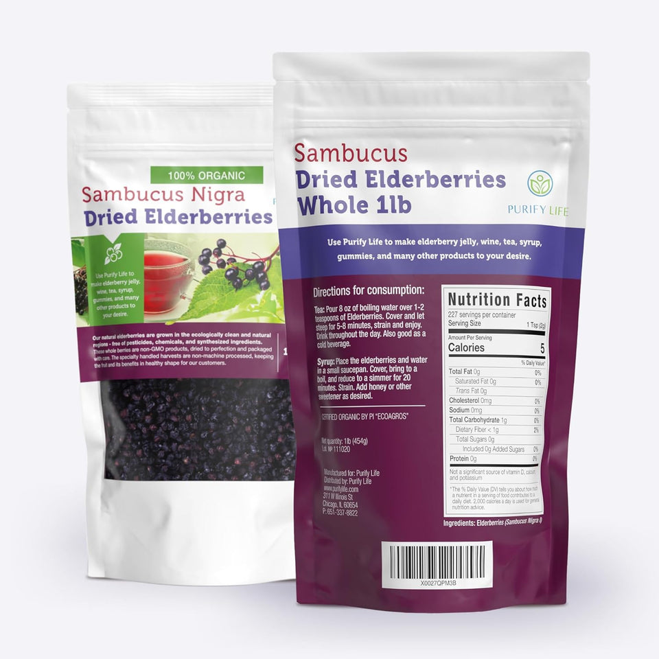 usda-certified 100% organic dried elderberries 1lb bulk non-irradiated non-gmo whole black elderberry