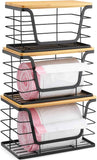 ALOCEO 2 Pack Storage Stackable Kitchen Laundry Organizers with Bamboo Top, Large Trash Bag Holder and Small Garbage Bag Dispenser for Countertop Organization