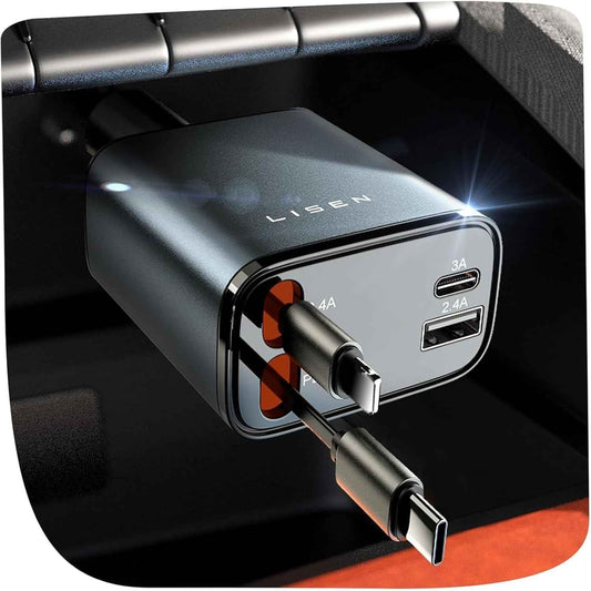 LISEN Retractable Car Charger, Birthday Gifts for Men Tech Gadgets 2026, 69W Cars Adapter USB C Fast Charger for iPhone 17, Car Accessories for Men Women Drivers, for iPhone 17 Pro Max Air 16 15 14 13