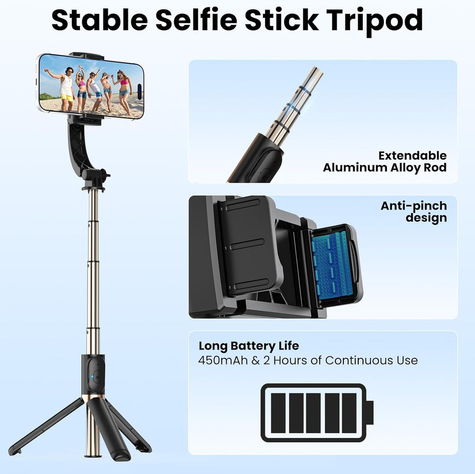Smartphone Gimbal Stabilizer, 1-Axis Auto Balance & 360° Rotation, Extendable Aluminum Selfie Stick Tripod with Remote Control for iPhone & Android,Travel, Vlogging, TikTok, YouTube