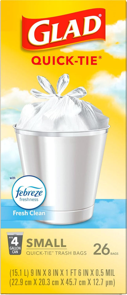 Glad Small Trash Bags 4 Gallon, Febreze Fresh Clean Garbage Bags, Odor Resistant with Quick Tie, 26 Count - Rayz Mart