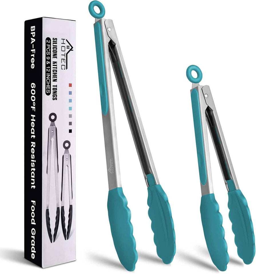 HOTEC Premium 7 & 9 Inch Kitchen Tongs, Stainless Steel Locking Cooking Tongs with Silicone Tips, Non-Scratch & Heat Resistant, Serving Tongs for Salad, BBQ, Classic Blue, Set of 2