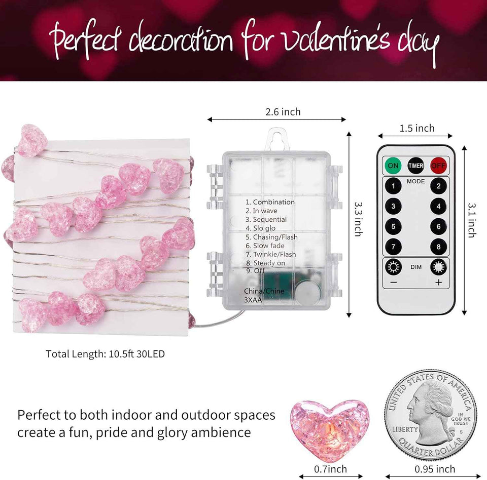 brightown 10.5ft 30 led pink heart battery operated fairy lights with timer and remote