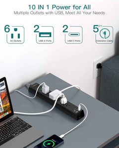 Surge protector power strip with 6 AC outlets and 4 USB ports, flat plug, 1875W/15A, overload protection