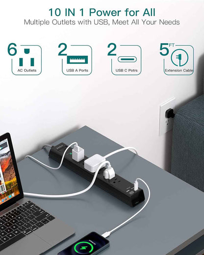 Surge protector power strip with 6 AC outlets and 4 USB ports, flat plug, 1875W/15A, overload protection
