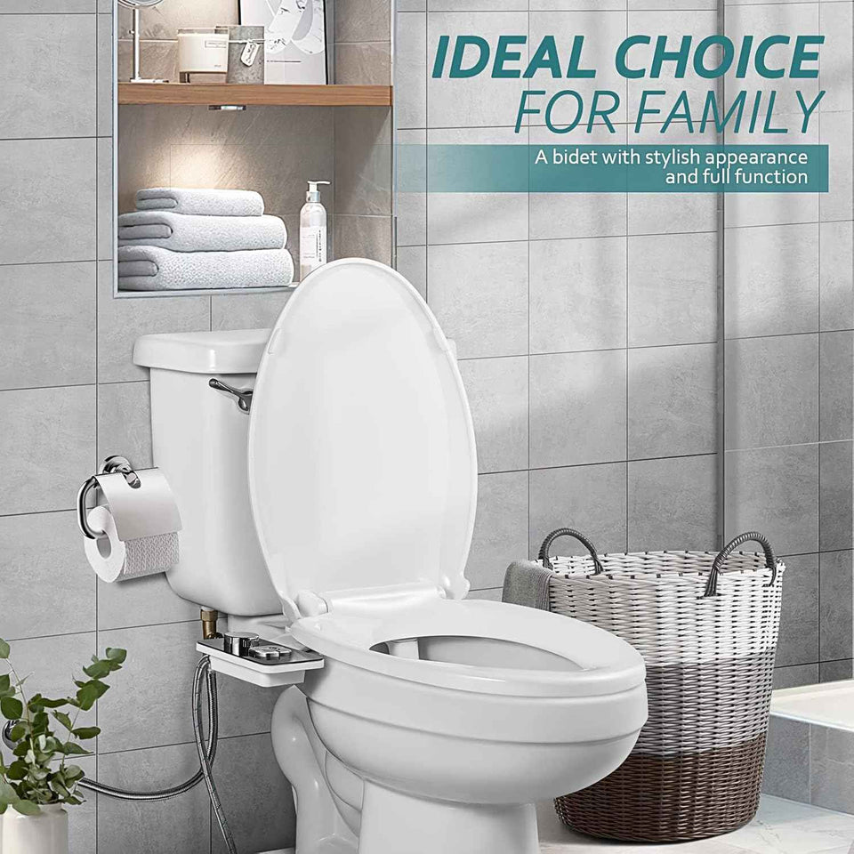 Samodra non-electric cold water bidet toilet seat attachment with pressure controls, retractable nozzles, black finish.