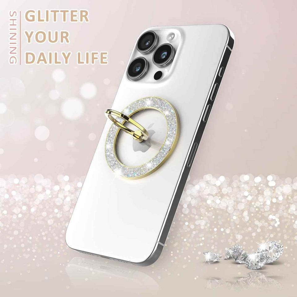 Magnetic Phone Ring Holder for MagSafe Cell Phone Grip Stand Finger Ring Stand Compatible with iPhone 17 16 15 14 13 12 Pro Max MagSafe Accessories Android. (Glitter Gold)