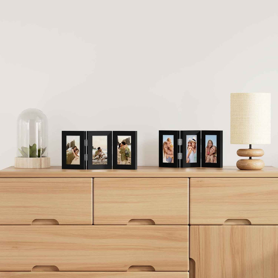 decorUhome Triple 4x6 Picture Frame Vertical, Engineered Wood Trifold Photo Frame with Plexiglass for Tabletop Display, 4x6, Black