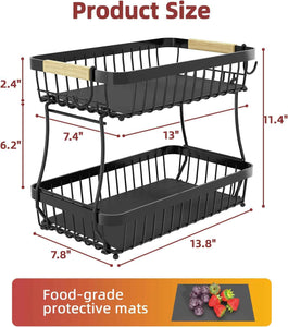 2-Tier Fruit Basket for Kitchen Counter with Metal Fruit Bowl and Wooden Handle