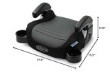 Black Graco car seat booster with dimensions on a white background