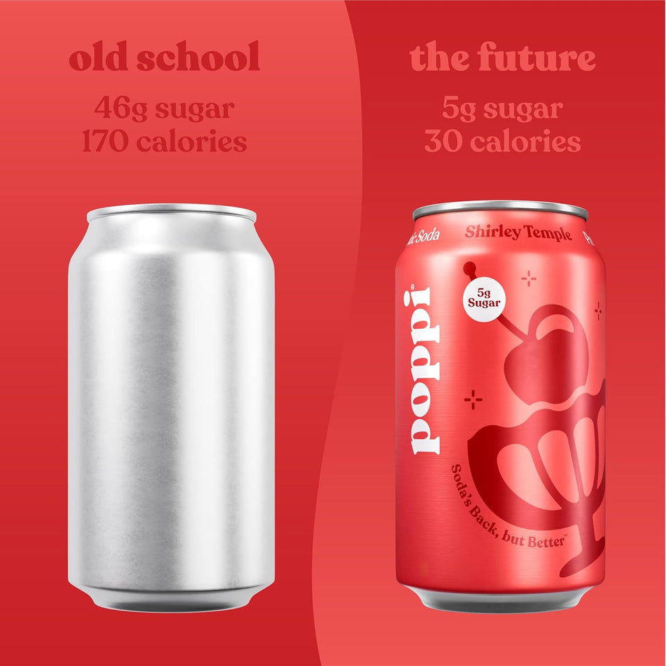 Poppi Sparkling Prebiotic Soda Beverage with Apple Cider Vinegar, Seltzer Water and Fruit Juice, Shirley Temple, 12 Fl Oz, Pack of 12