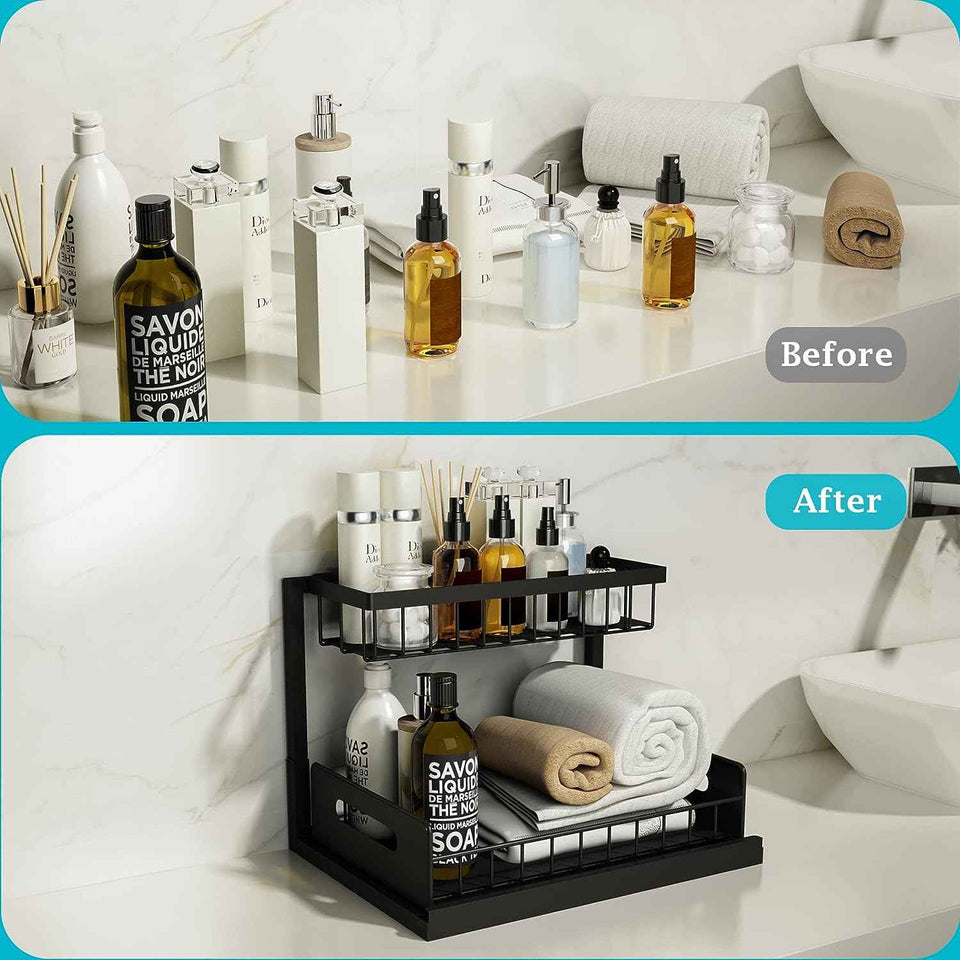 realinn black 2-tier under sink organizer with pull-out cabinet storage and slide-out shelf for small kitchens