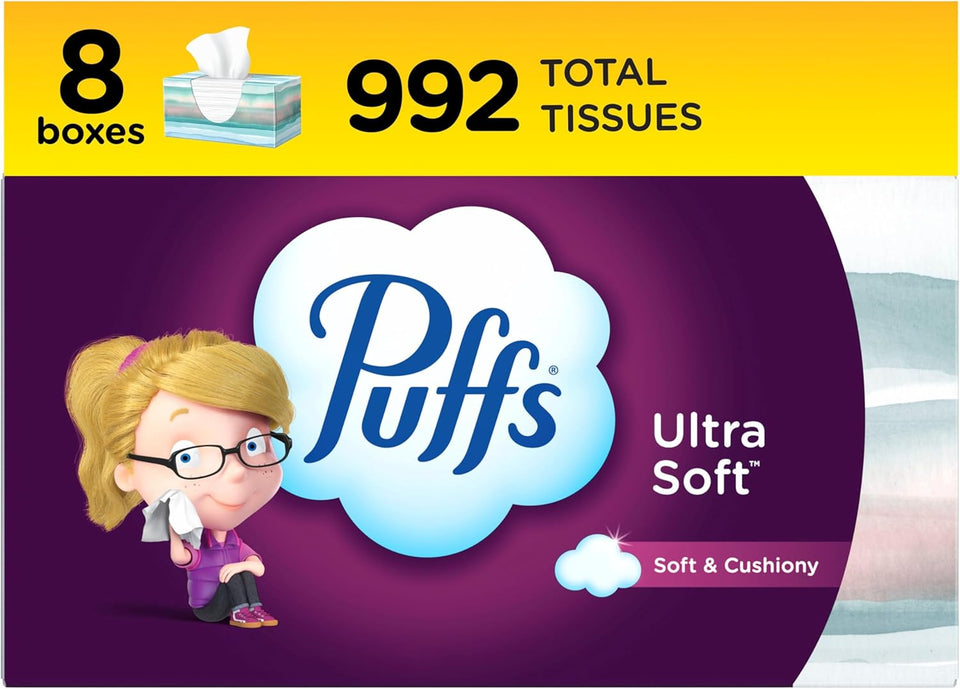 Puffs Ultra Soft Non-Lotion Facial Tissue, 8 Family Boxes, 124 Facial Tissues per Box