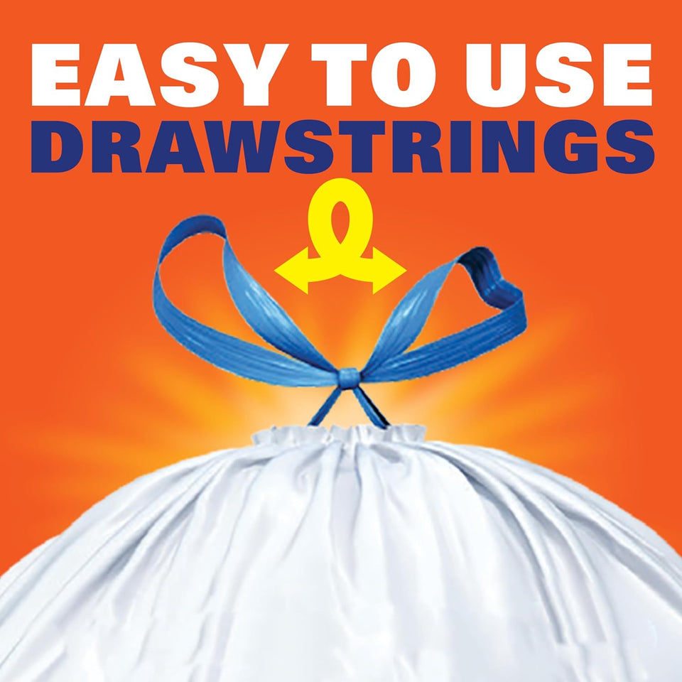 Hefty Strong 13 Gallon Trash Bags, Tall Kitchen Trash Bags, UnscentedLarge Trash Bags with Drawstrings, Durable Closure, Resists Leaks, Punctures, and Tears, White, Unscented, 90 Bags