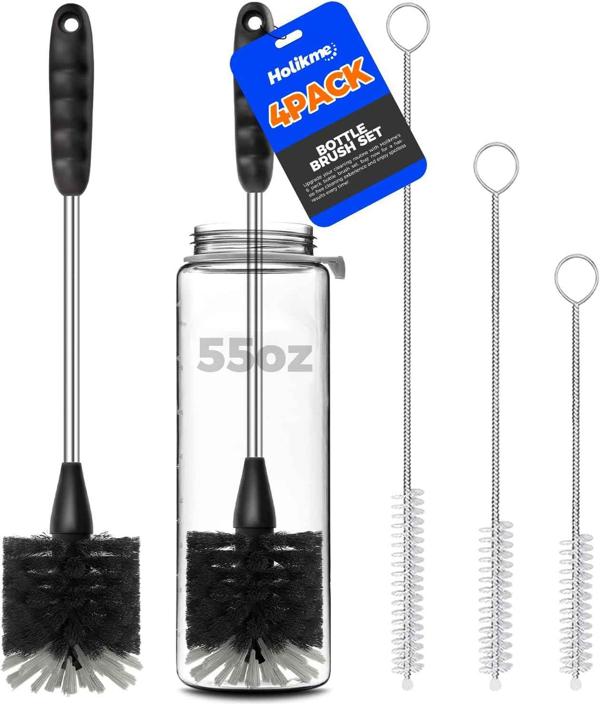 Holikme Bottle Brush Cleaner Set, 14" Long Handle Stainless Steel Bottle Cleaner Brush, 3 Straw Cleaner Brush, Bottle Cleaning Brush for Water Bottle, Cups, Abrasive Wheel Brushes, Straws Black