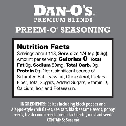 Dan-O's Preem-O Seasoning, 2.5 oz Bottle, Meat Seasoning for Steak, Ribs, Chicken, Brisket and More, Sugar Free, Zero Calorie, Use this Spice Blend to Craft a Marinade, Dry Rub or Sauce