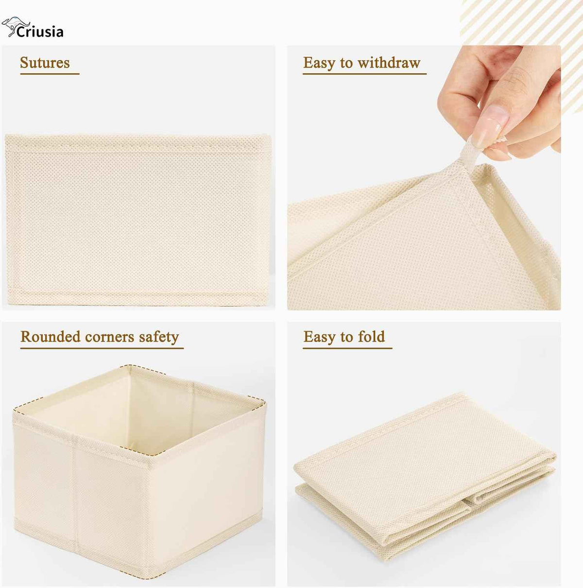 Criusia 15 Pack Drawer Organizer for Clothes, Foldable Dresser Dividers with 3 Sizes, Fabric Storage Bins – Beige