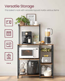VASAGLE Baker's Rack, Microwave Stand, Kitchen Storage Rack with Wire Basket, 6 Hooks, and Shelves, for Spices, Pots, and Pans, Rustic Brown and Ink Black UKKS35X