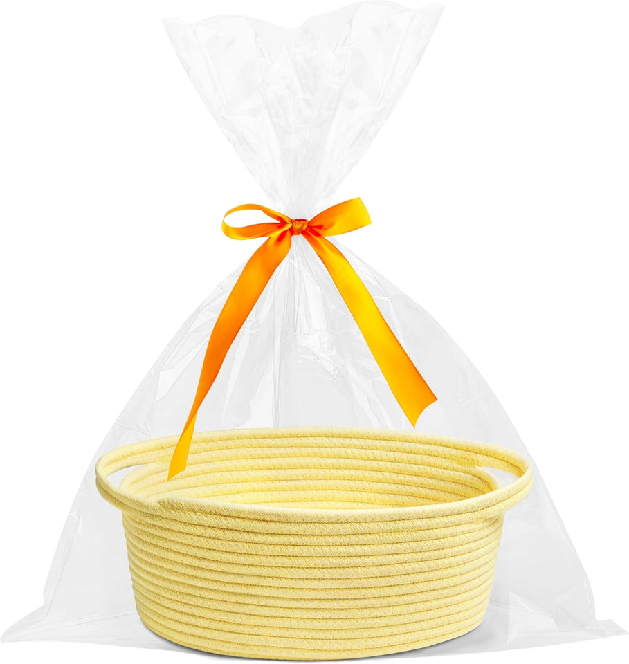 White small woven burr basket with gift bags and ribbons, 12" x 8" x 5", durable storage for gifts, baby toys, and living room essentials