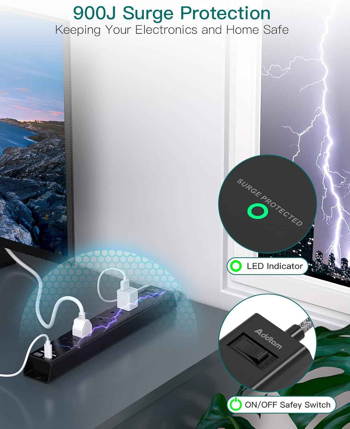 Surge Protector Power Strip - Extension Cord with Addtam 6 AC Outlets 4 USB (2 USB-C Ports), 1875W/15A, Flat Plug with Overload Surge Protection, Outlet Extender for Home Office Dorm Room Essentials
