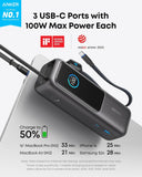 Anker Laptop Power Bank,25,000mAh Portable Charger with 165W Total Output,3 USB-C Ports (100W Max Each),Built-in Retractable Cables,Flight-Ready,for iPhone 17/16 Series,MacBook,Samsung,and More