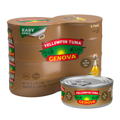Genova Premium Yellowfin Tuna in Olive Oil, 5 Ounce Cans, 8-Pack – Nutrient Rich, High Protein Canned Tuna Fish - Delicious, Easy, Nutritious Ready to Eat Meals