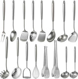 Newness 16 Pcs Cooking Utensils Set, 304 Stainless Steel Kitchen Utensils Set, Metal Kitchen Accessories, Include Soup Ladle, Slotted Skimmer Spoon, Spaghetti Spoon and Spatula, Dishwasher Safe