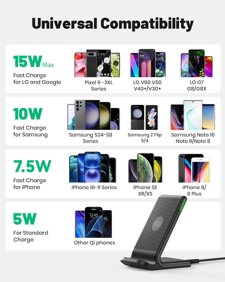 INIU Wireless Charger, 15W Fast Qi Certified Wireless Charging Station with Sleep-Friendly Adaptive Light Compatible with iPhone 16 15 14 13 Pro XS 8 Plus Samsung Galaxy S25 S24 S23 Note 20 Google etc - Zynora